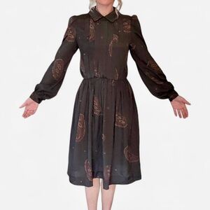 Vintage Dark Cottage Prairie Womens S Dress Black Academia Puff Sleeve Midi Goth